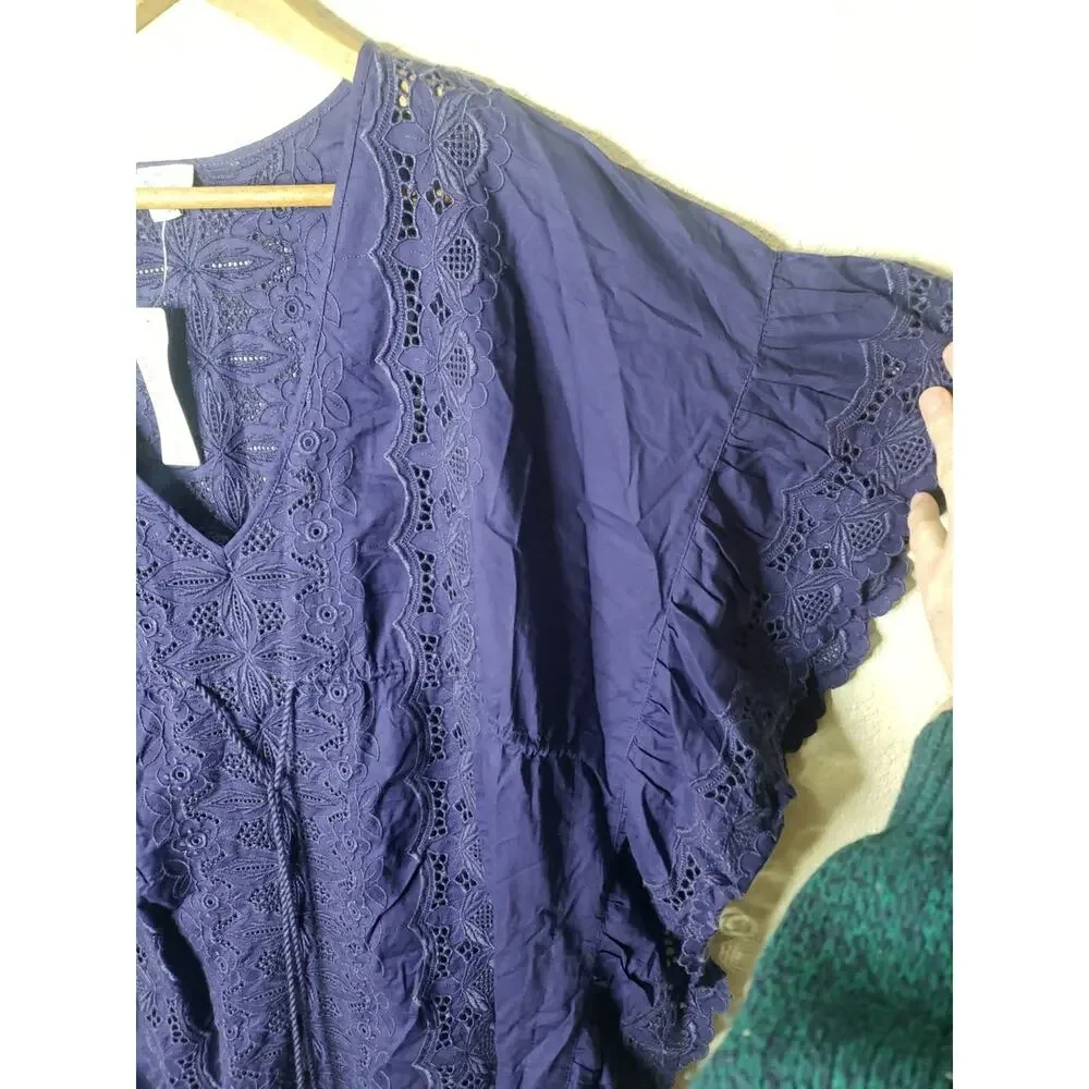J Crew Re-imagined Blue Embroidered Floral Caftan Cover Up Tunic Top MEDIUM